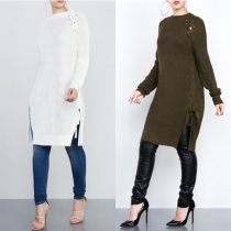 Fashion Solid Color Round Neck Long Sleeve Side Lace-up Hollow Out Sweater Dress