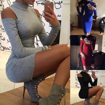 Sexy Solid Color Mock Neck Long Sleeve Cold Shoulder Slim Fit Dress