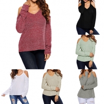 Sexy Solid Color V-neck Long Sleeve Cold Shoulder High-low Hemline Knit Sweater