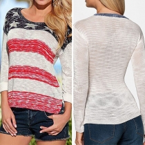 Fashion Pentagram Striped Printed Round Neck Long Sleeve Knit Sweater