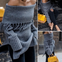 Sexy Solid Color Off Shoulder Long Sleeve Tassel Side Slit Knit Sweater