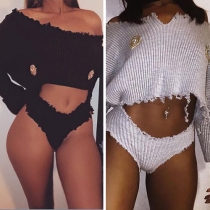Sexy Solid Color Off Shoulder Long Sleeve Front Hollow Out Knit Bodysuit