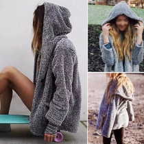 Fashion Solid Color Long Sleeve Hooded Open-front Fuzzy Cardigan
