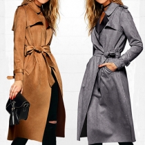 Fashion Solid Color Lapel Long Sleeve Suede Trench Coat with Waist Strap