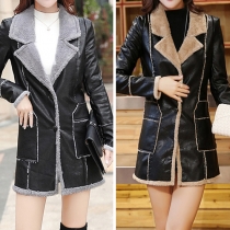 Fashion Artificial Fur Spliced Long Sleeve Lapel Slim Fit PU Coat