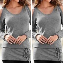 Sexy Solid Color Round Neck Long Sleeve Cold Shoulder T-shirt