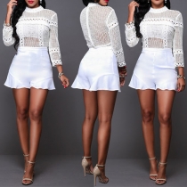 Sexy Solid Color Mock Neck Long Sleeve Hollow Out Gathered Waist Romper