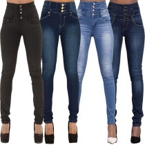Fashion High Waist Single-breasted Slim Fit Women's Jeans