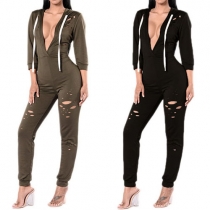 Sexy Solid Color Deep V-neck Hooded Hollow Out Slim Fit Jumpsuit
