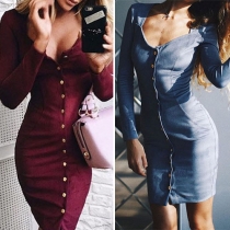 Sexy Solid Color Single-breasted Low-cut Long Sleeve Slim-fitting Dress