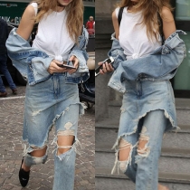 Fashion Low Waist Loose-fitting Ripped Denim Skirt-jeans For Women