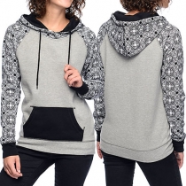 Trendy Printed Front Pocket Hooded Long Sleeve Sweatshirt