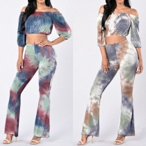Sexy Printed Off Shoulder Half Sleeve Crop Tops + Pants Two-piece Set