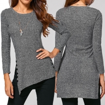 Stylish Solid Color Long Sleeve Round Neck Side Buttons Irregular Hemline Knit Tops