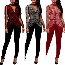 Sexy Hot Fix Rhinestone Round Neck Long Sleeve Backless Slim Fit Jumpsuit