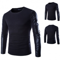 Stylish Solid Color PU Spliced Long Sleeve Round Neck Men's T-shirt