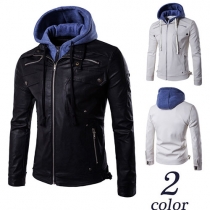Casual Style Double-layer Zipper Long Sleeve Hooded Slim Fit Men's Coat