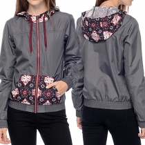 Fashion Floral Printed Front Zipper Long Sleeve Hooded Women's Jacket