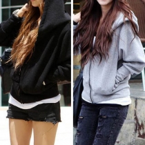 Casual Style Solid Color Front Zipper Bat Sleeve Hooded Sweatshirt Coat