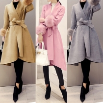 Elegant Solid Color Long Sleeve High-low Hemline Woolen Coat with Waist Strap