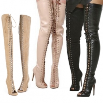 Sexy Solid Color Peep Toe Front Lace-up High-heeled Over The Knee Boots