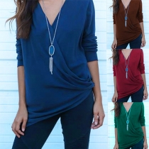 Sexy Solid Color V-neck Long Sleeve Irregular Hemline Tops