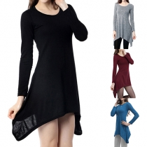 Casual Style Solid Color Round Neck Long Sleeve Irregular Hemline Dress