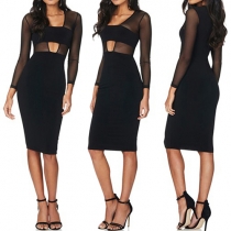Sexy Solid Color Gauze Spliced See-through Hollow Out Long Sleeve Bodycon Dress