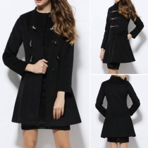 Fashion Solid Color Front Hasp Round Neck Long Sleeve Woolen Coat