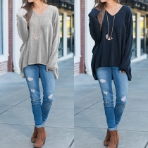 Casual Style Solid Color V-neck Long Sleeve High-low Hemline Tops