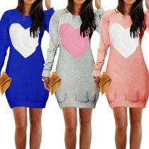 Casual Style Heart-shaped Printed Round Neck Long Sleeve Loose-fitting Dress