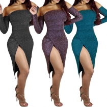 Sexy Solid Color Off Shoulder Long Sleeve High-slit Bodycon Dress