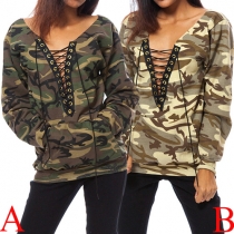 Fashion Front Pocket Lace-up Long Sleeve Camouflage Sweatshirt