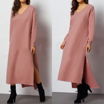 Sweet Style Solid Color V-neck Long Sleeve Side Slit Sweatshirt Maxi Dress