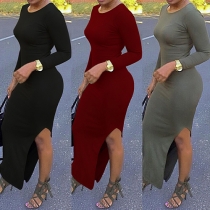 Sexy Solid Color Long Sleeve Round Neck Side Slit Slim-fitting Maxi Dress