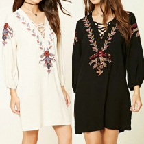 Fashion Front Lace-up V-neck Long Sleeve Embroidered Dress