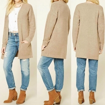 Fashion Solid Color 2 Side Pockets Long Sleeve Knit Cardigan