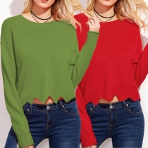 Concise Style Solid Color Round Neck Long Sleeve Wave Hemline Sweater