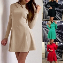Stylish Solid Color Doll Collar Long Sleeve Slim Fit Dress