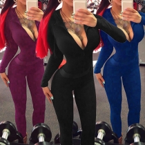 Sexy Solid Color Front Zipper V-neck Long Sleeve Hooded Slim-fitting Jumpsuit