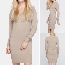 Fashion Solid Color V-neck Long Sleeve Slim Fit Knit Sweater Dress