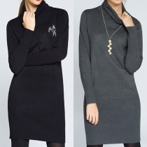 Stylish Solid Color Hot Fix Rhinestone Turtleneck Long Sleeve Slim Fit Sweater Dress