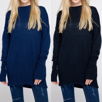 Casual Style Solid Color Round Neck Long Sleeve Knit Sweater