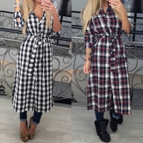 Fashion Single-breasted Lapel Long Sleeve Lattice Blouse Dress