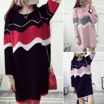 Fashion Contrast Color Round Neck Long Sleeve Sweater Dress