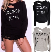 Casual Style Letters Printed Long Sleeve Round Neck Hollow Out Sweatshirt