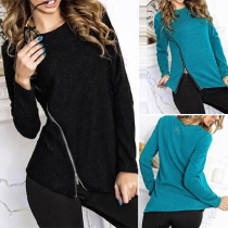 Trendy Solid Color Oblique Zipper Long Sleeve Round Neck T-shirt