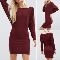 Casual Style Solid Color Round Neck Bat Sleeve Slim Fit Dress