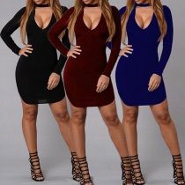 Sexy Solid Color Choker Neckline Low-cut Long Sleeve Slim Fit Dress