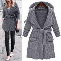 Fashion Solid Color V-Neck Long Sleeve Hooded Gathered Waist Sweater Coat